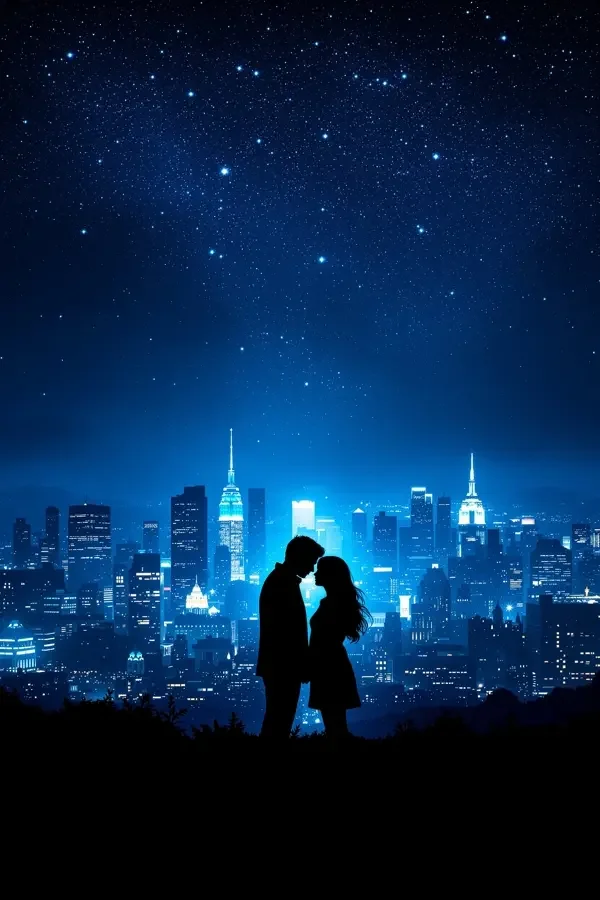 闪婚老公是隐藏大佬短剧封面：蓝色都市夜幕下的恋人剪影