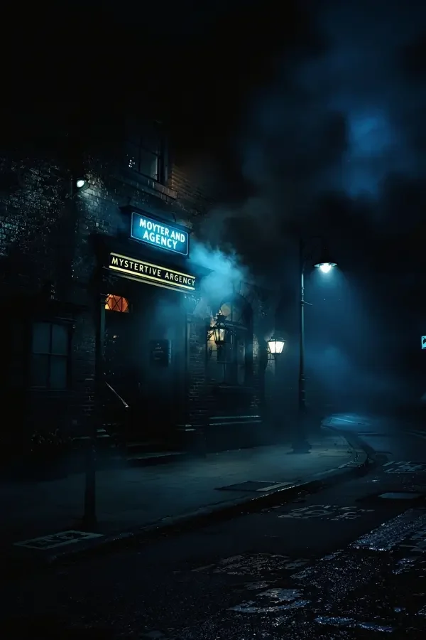 迷雾侦探社剧集封面：夜色蓝光下神秘的侦探社入口